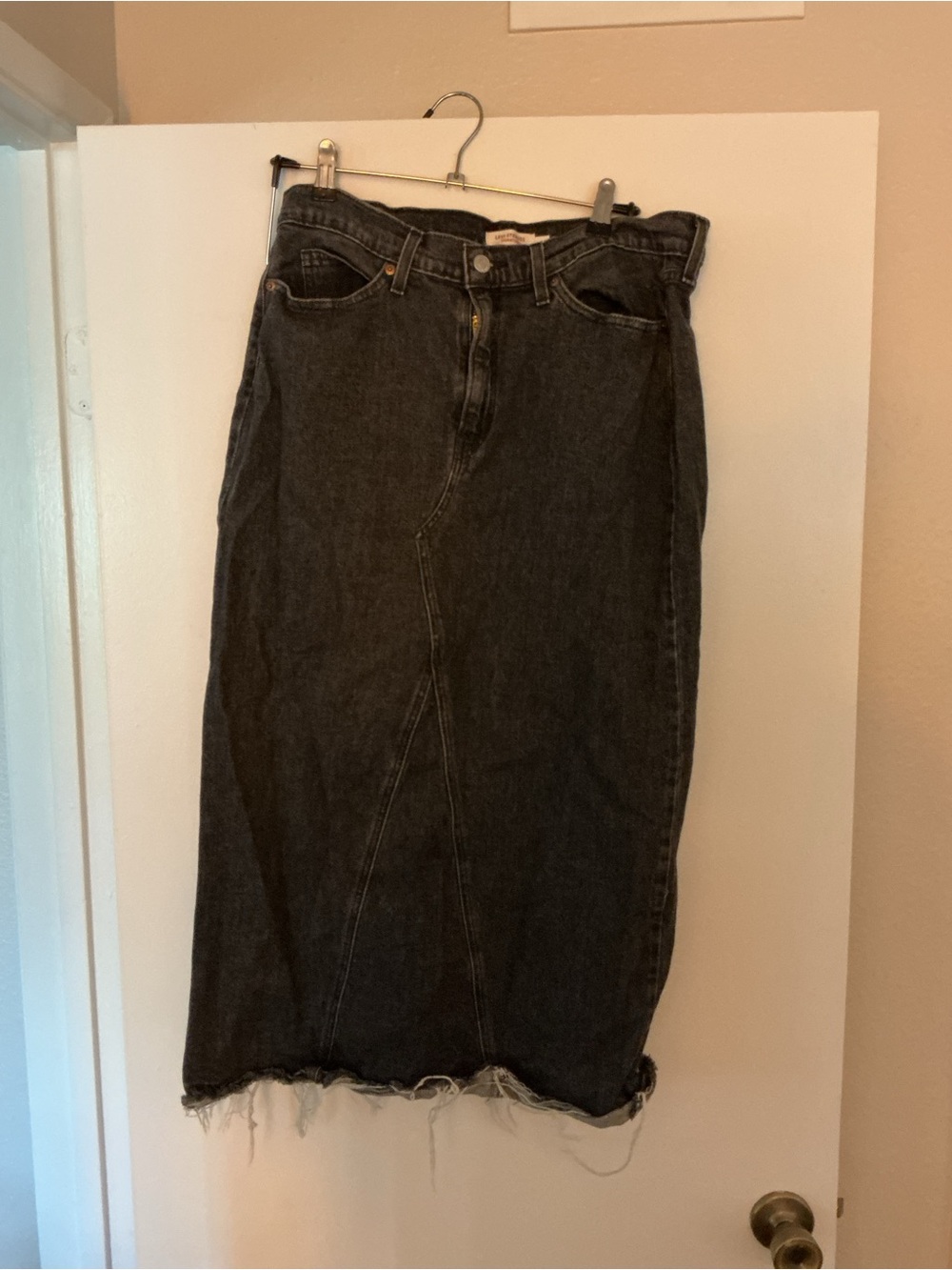 Women's Black Denim Pencil Skirt with Frayed Hem